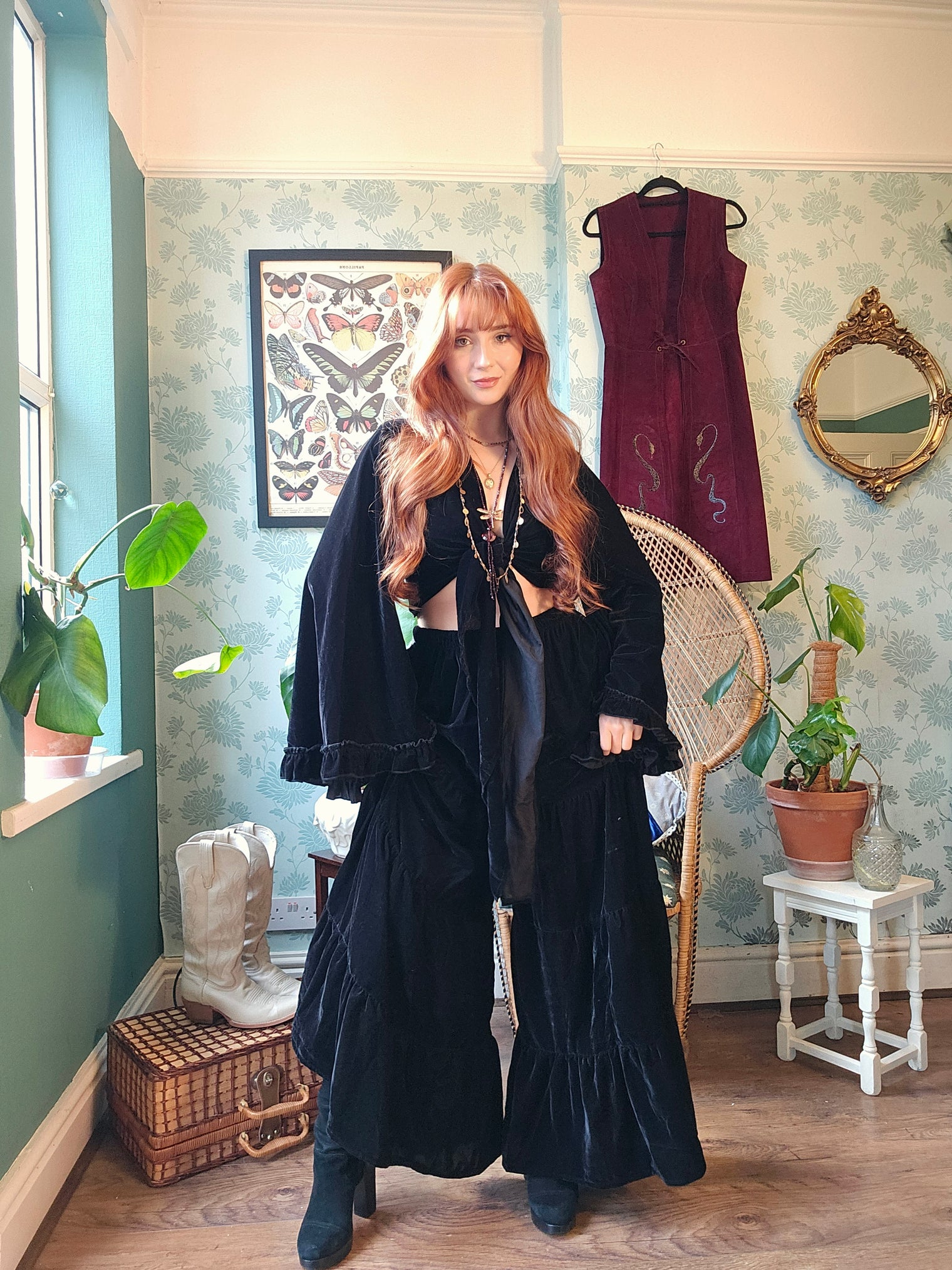 Velvet Dream Tiered Flowy Pants with Ruffle Wrap Top