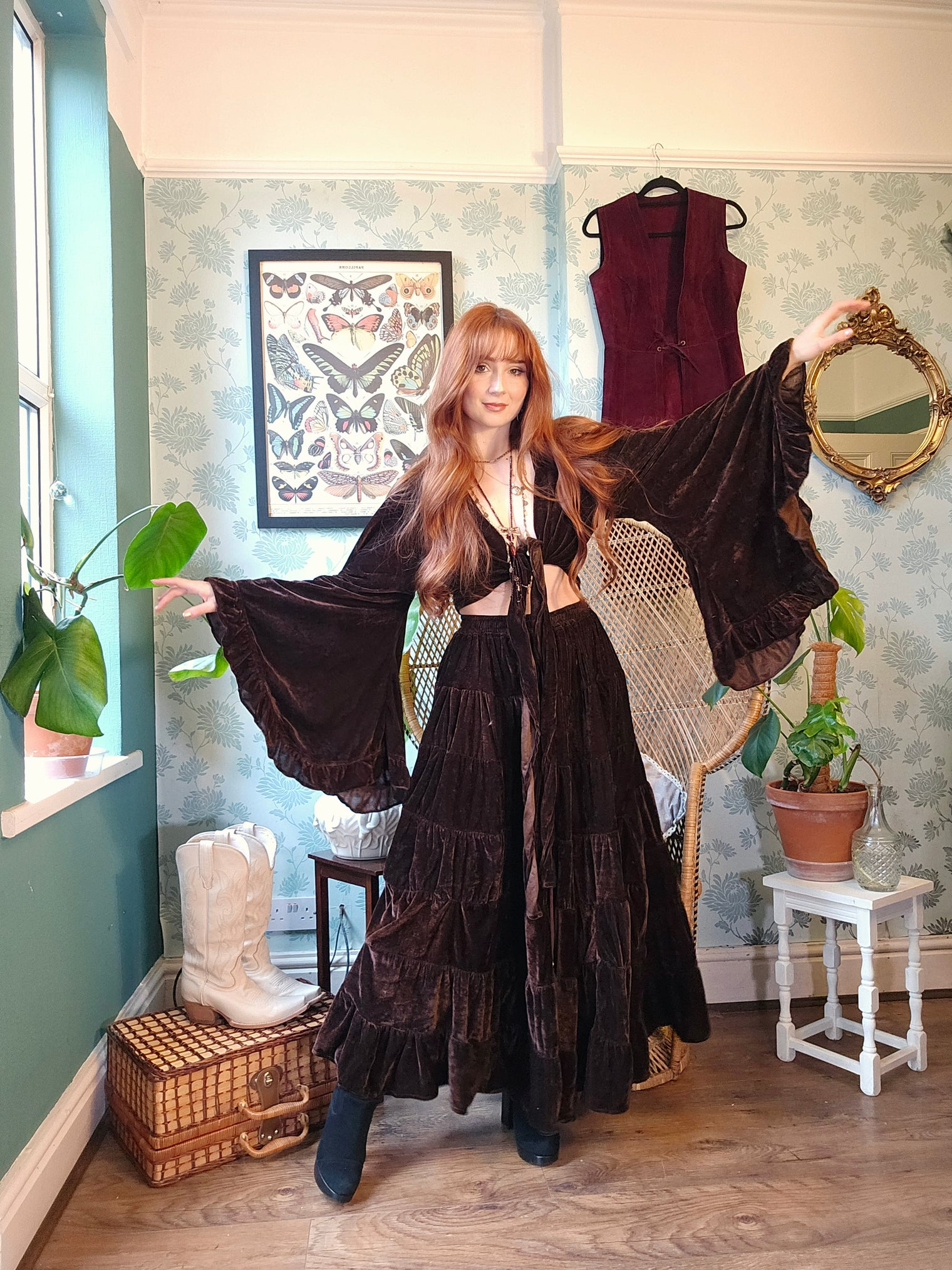 Bohemian Style Flowy Velvet Skirt Set with Ruffle Top