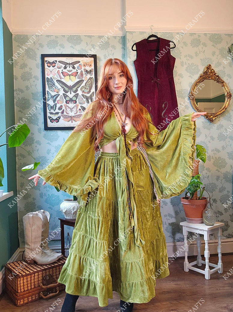 Bohemian Style Flowy Velvet Skirt Set with Ruffle Top