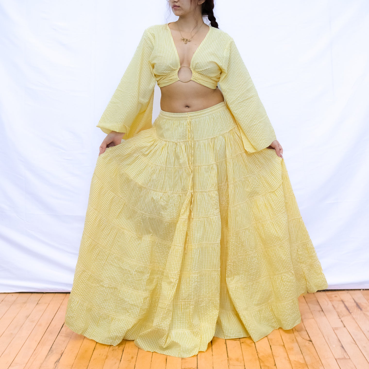 Gingham Long Skirt and Bell Sleeve Top