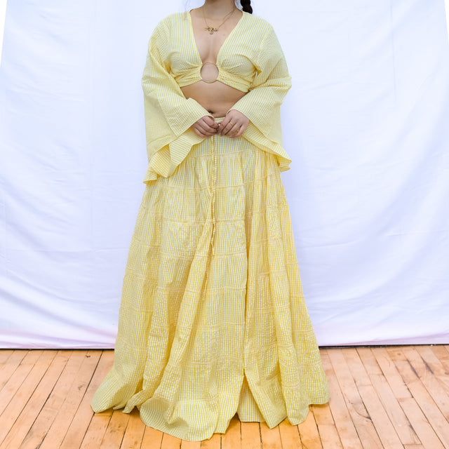 Gingham Long Skirt and Bell Sleeve Top