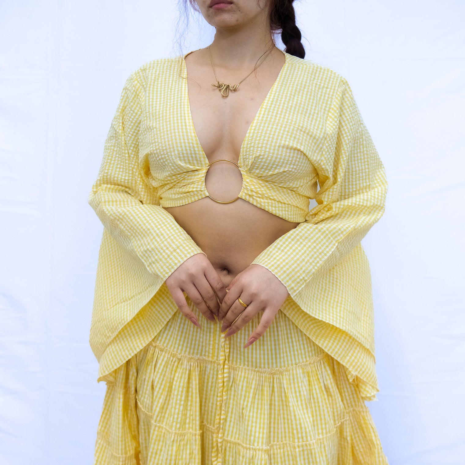 Gingham Cotton Bell Sleeve Wrap Top