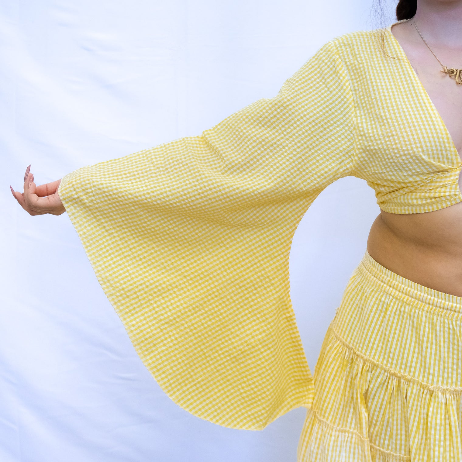 Gingham Cotton Bell Sleeve Wrap Top