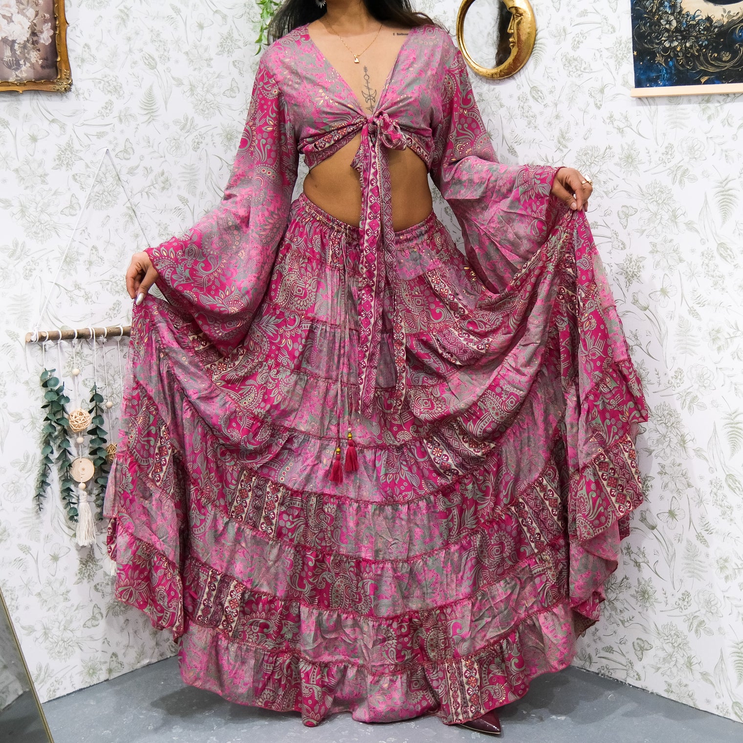 Ethereal Paisley Skirt with Ruffle Sleeve Top