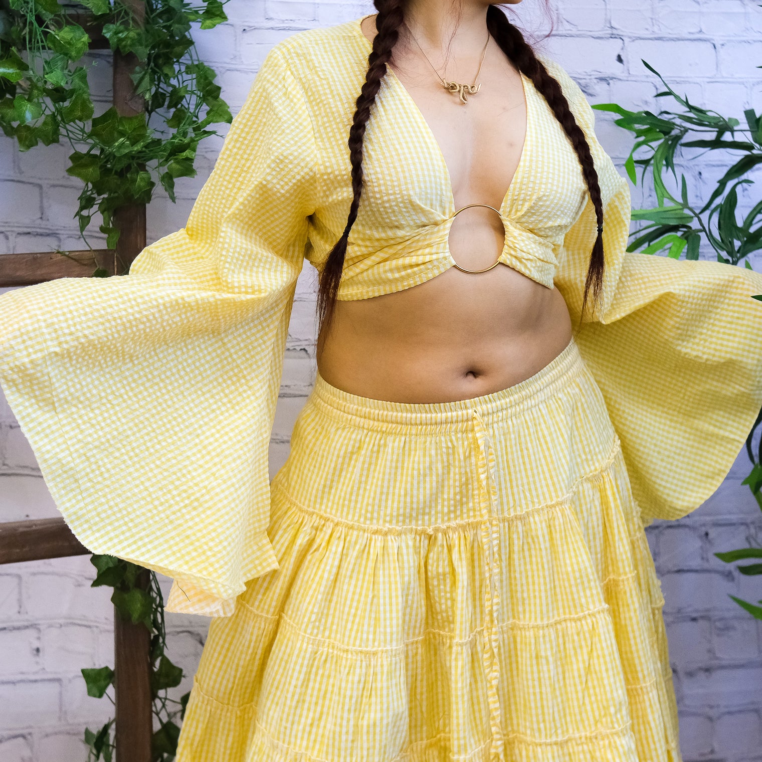 Gingham Cotton Bell Sleeve Wrap Top