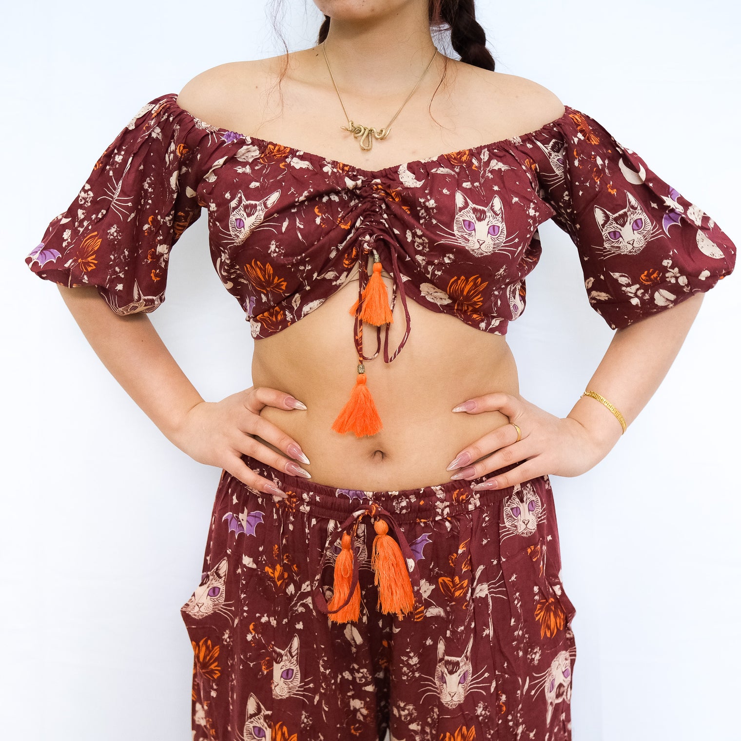 Boho Whimsy Cat Moon Puff Sleeve Blouse