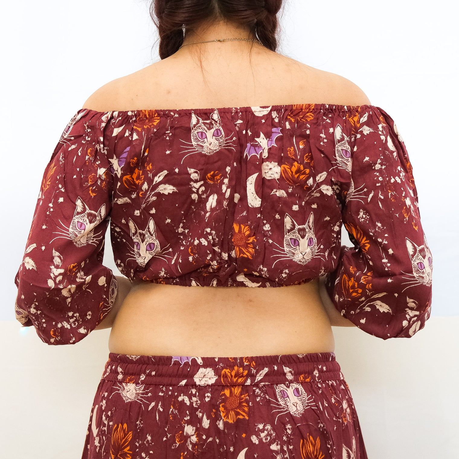 Boho Whimsy Cat Moon Puff Sleeve Blouse