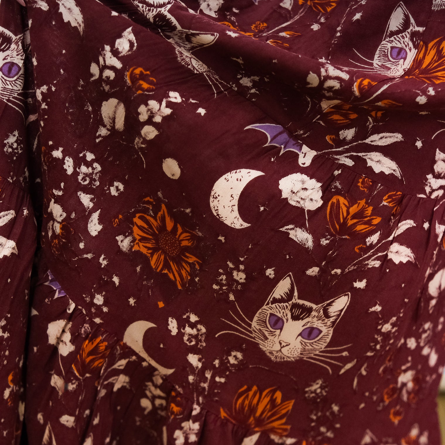 Boho Whimsy Cat Moon Puff Sleeve Blouse