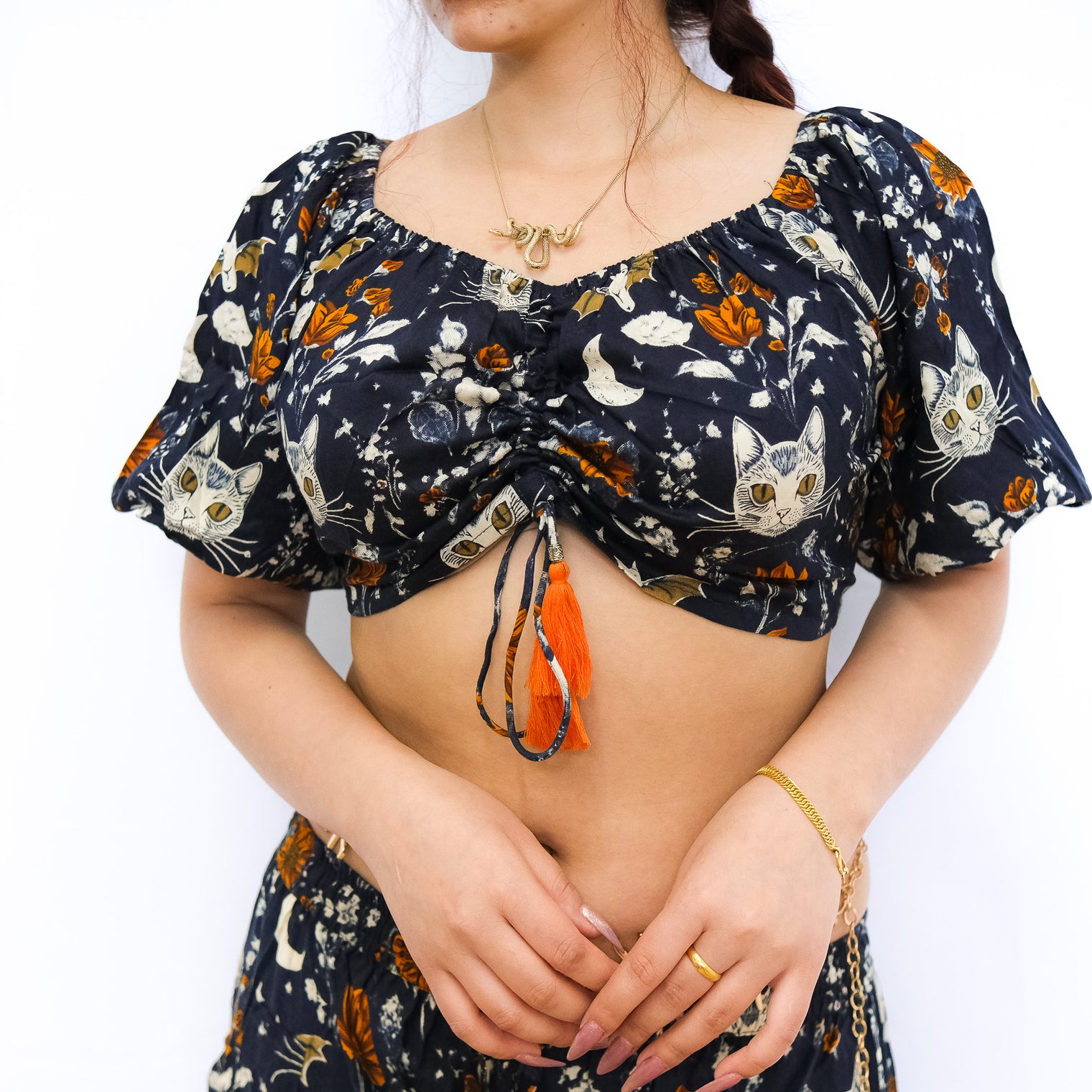 Boho Whimsy Cat Moon Puff Sleeve Blouse