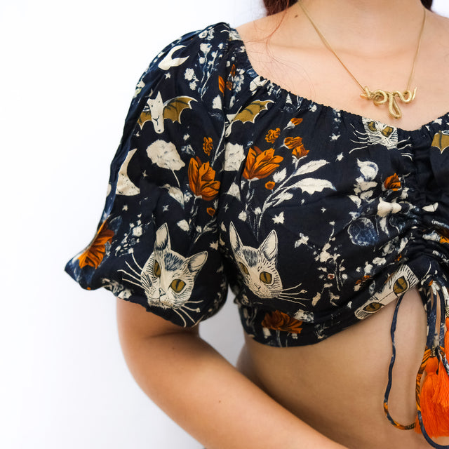 Boho Whimsy Cat Moon Puff Sleeve Blouse