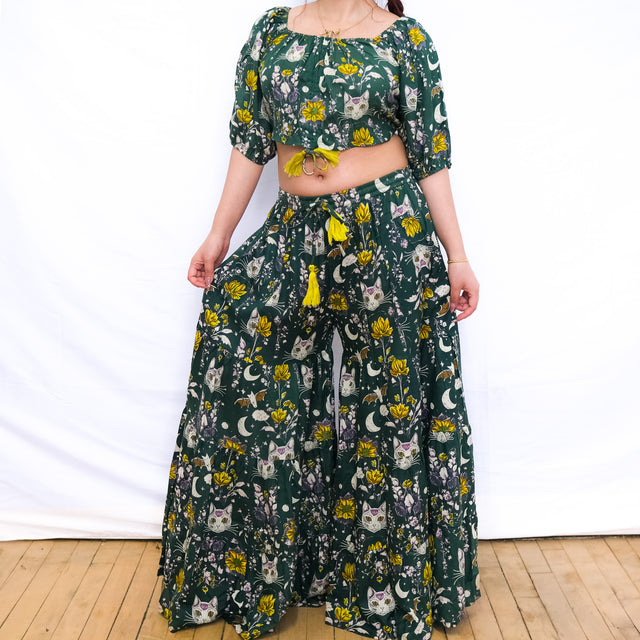 Boho Cat & Moon Two-Piece Flowy Pants and Top Set