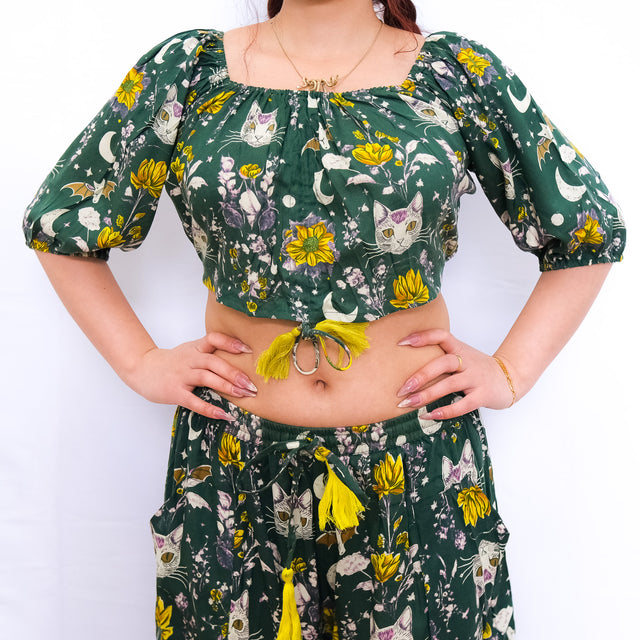 Boho Whimsy Cat Moon Puff Sleeve Blouse