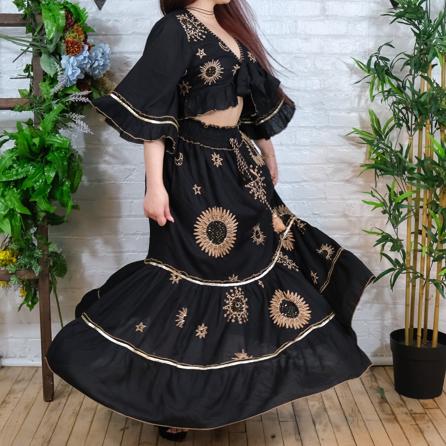 Bohemian Embroidery Skirt with Ruffle Sleeve Top