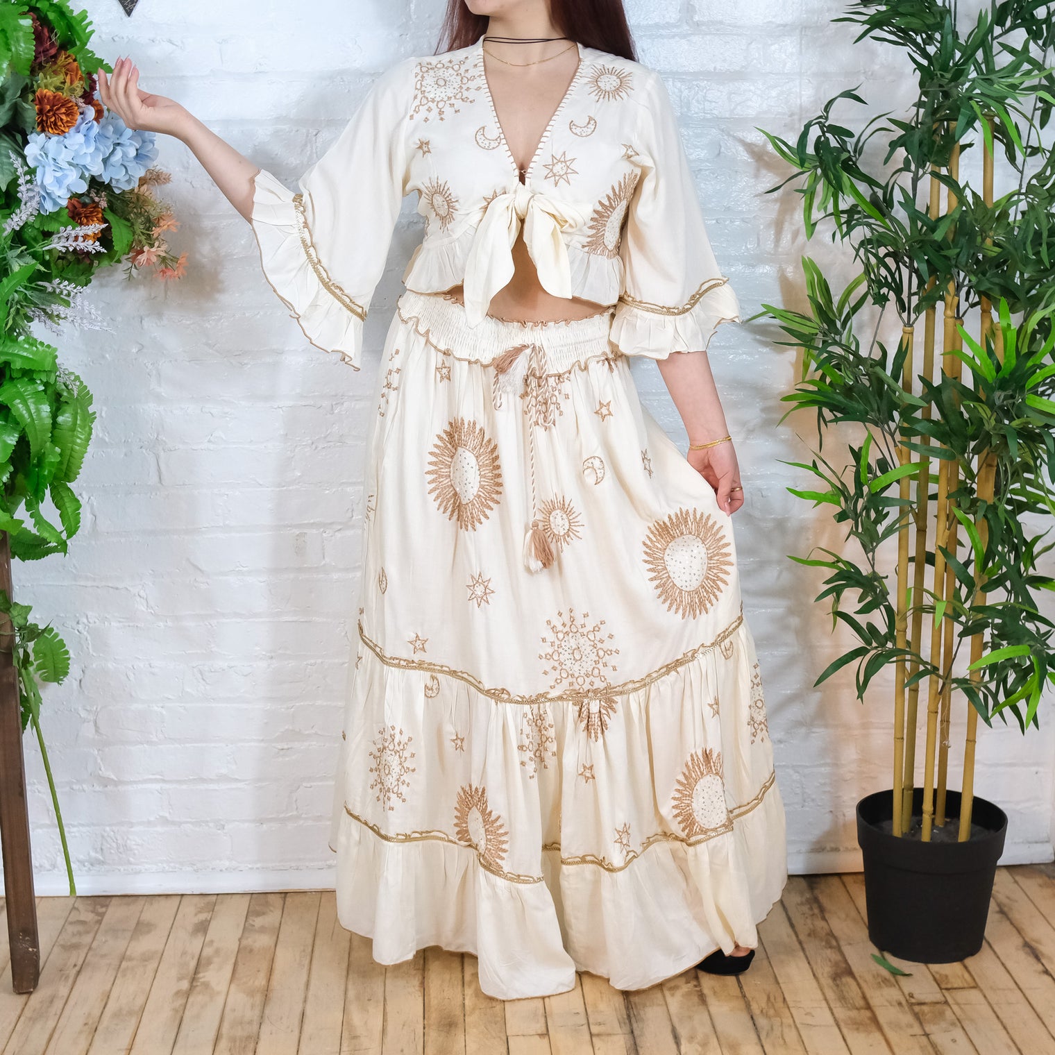 Bohemian Embroidery Skirt with Ruffle Sleeve Top