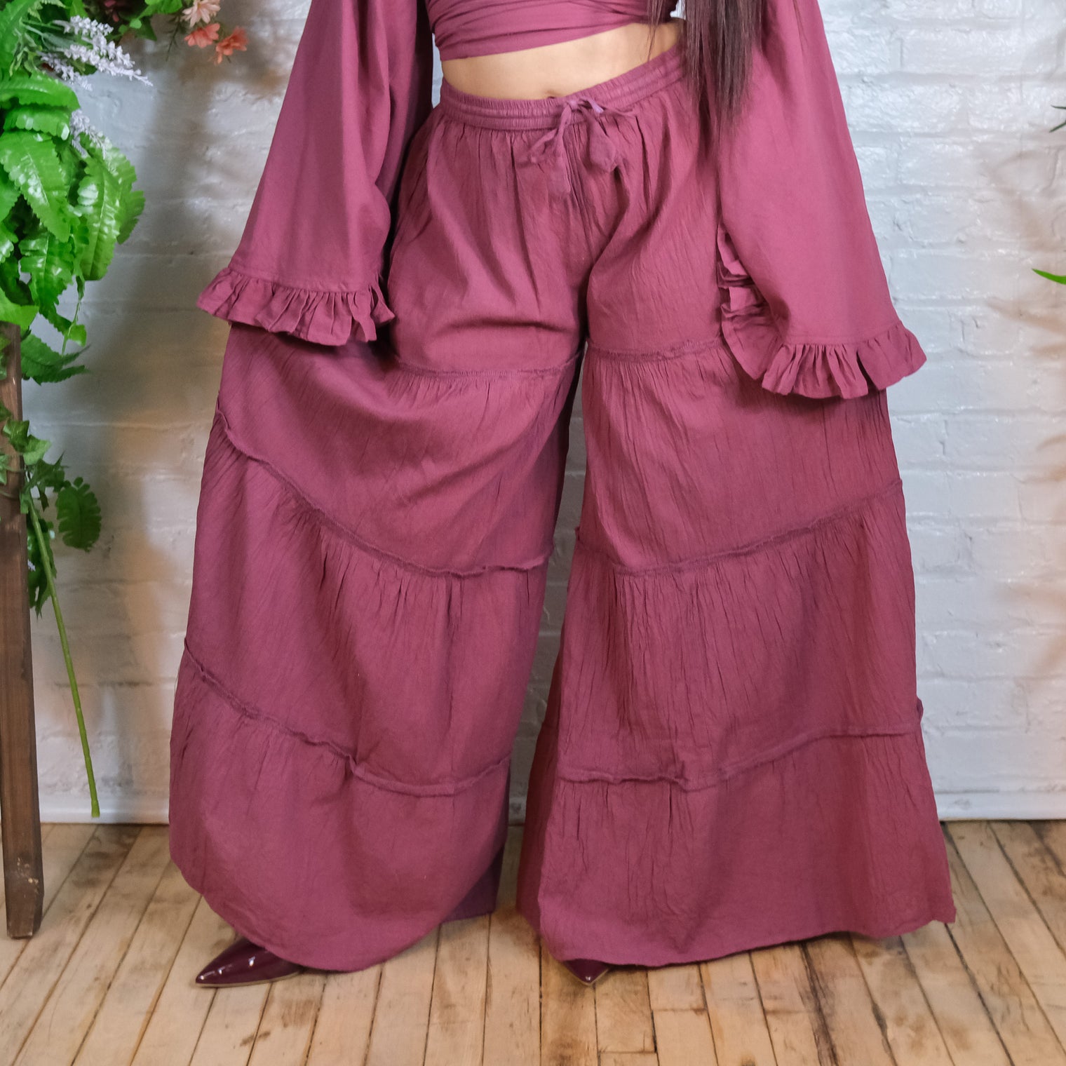 Flowy Tiered Cotton Pants with Ruffle Top