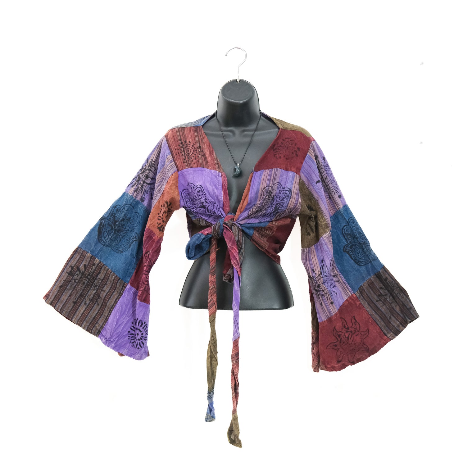 Patchwork Cotton Tie Top with Bell Sleeve