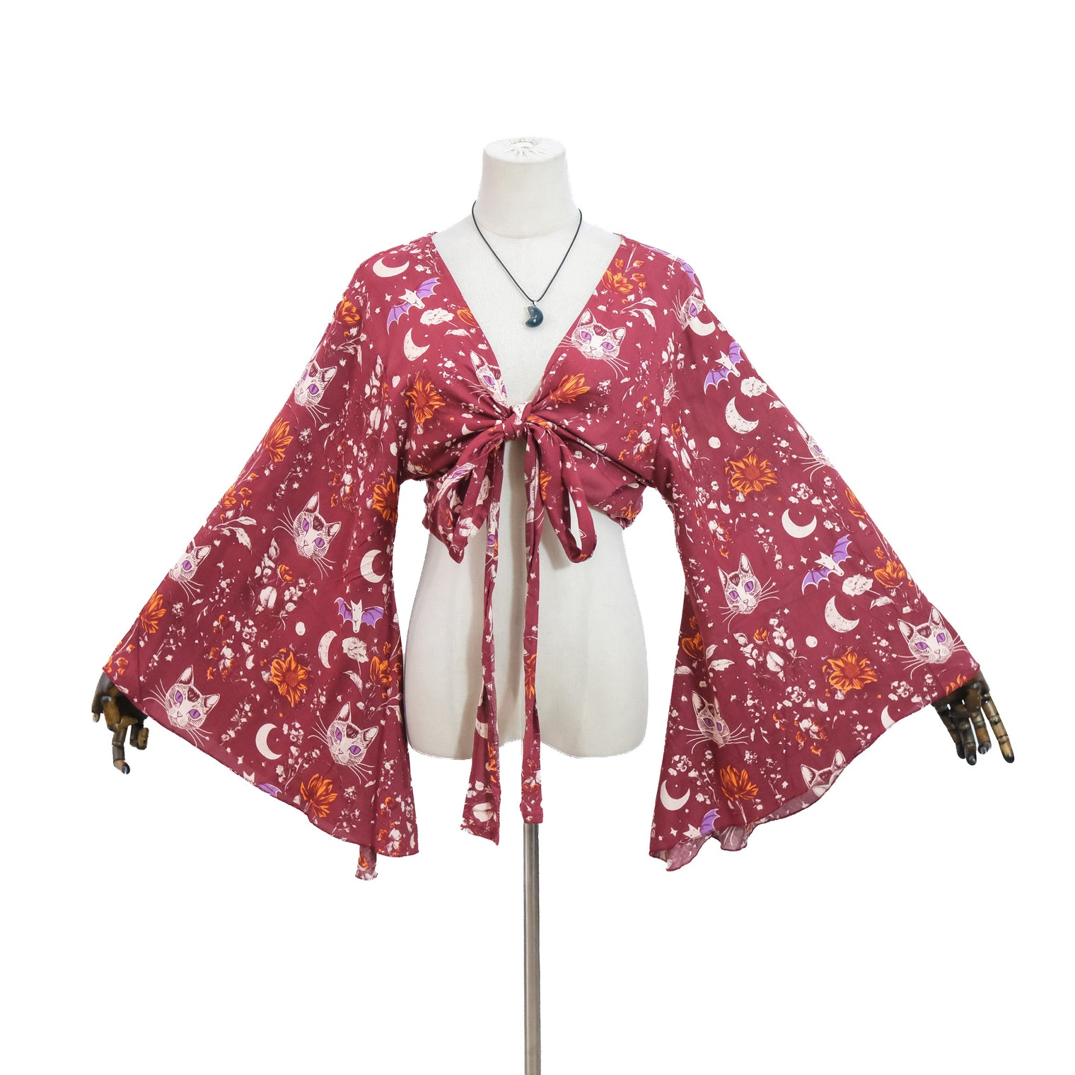 Mystical Cat Moon Bell Sleeve Wrap Top