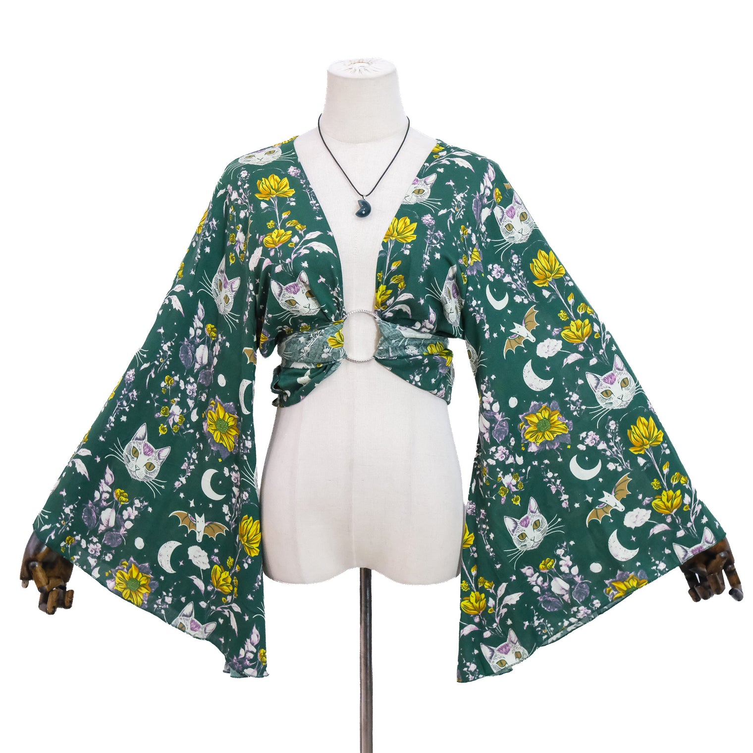 Mystical Cat Moon Bell Sleeve Wrap Top