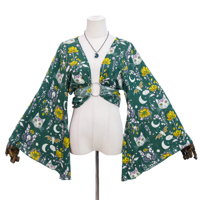 Mystical Cat Moon Bell Sleeve Wrap Top