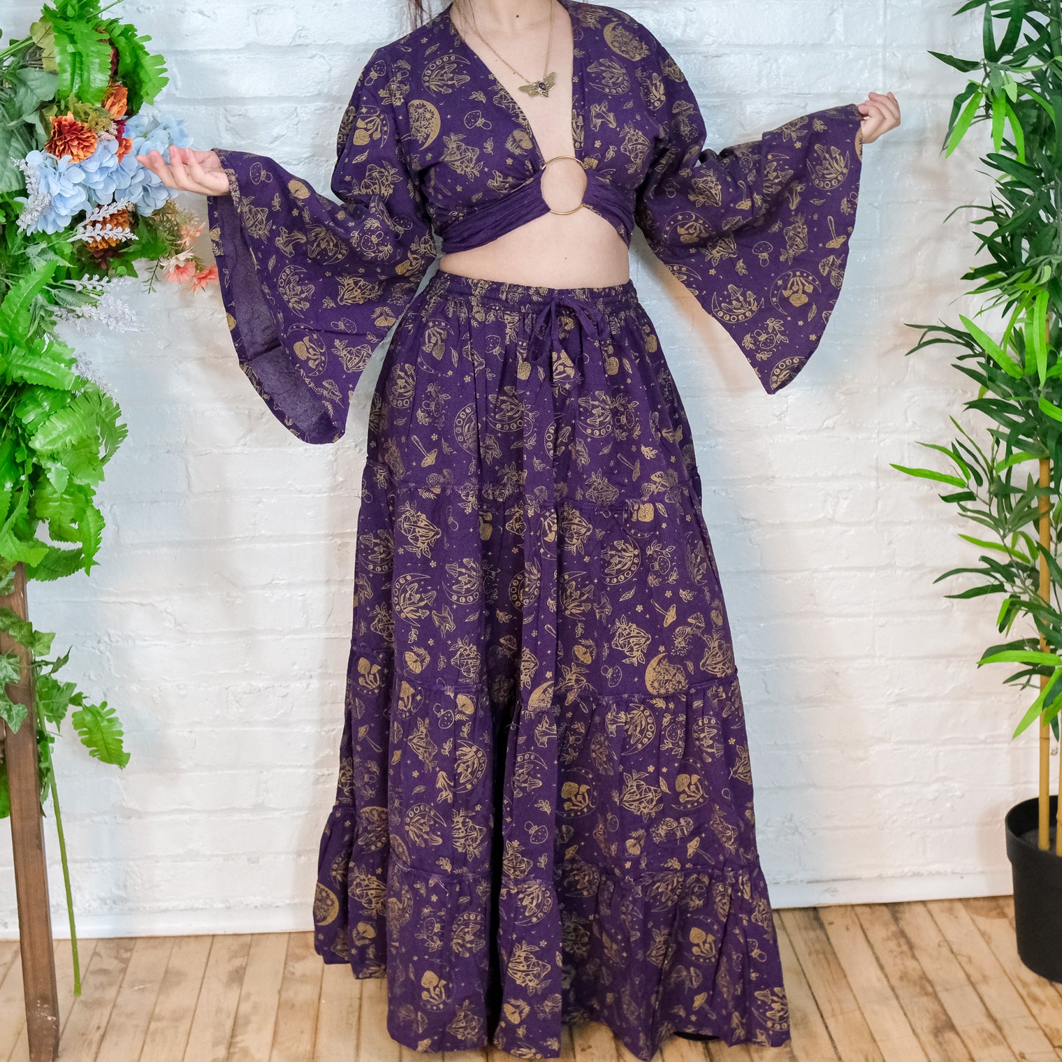 Flowy Tiered Mushroom Celestial Skirt with Bell Sleeve Wrap Top