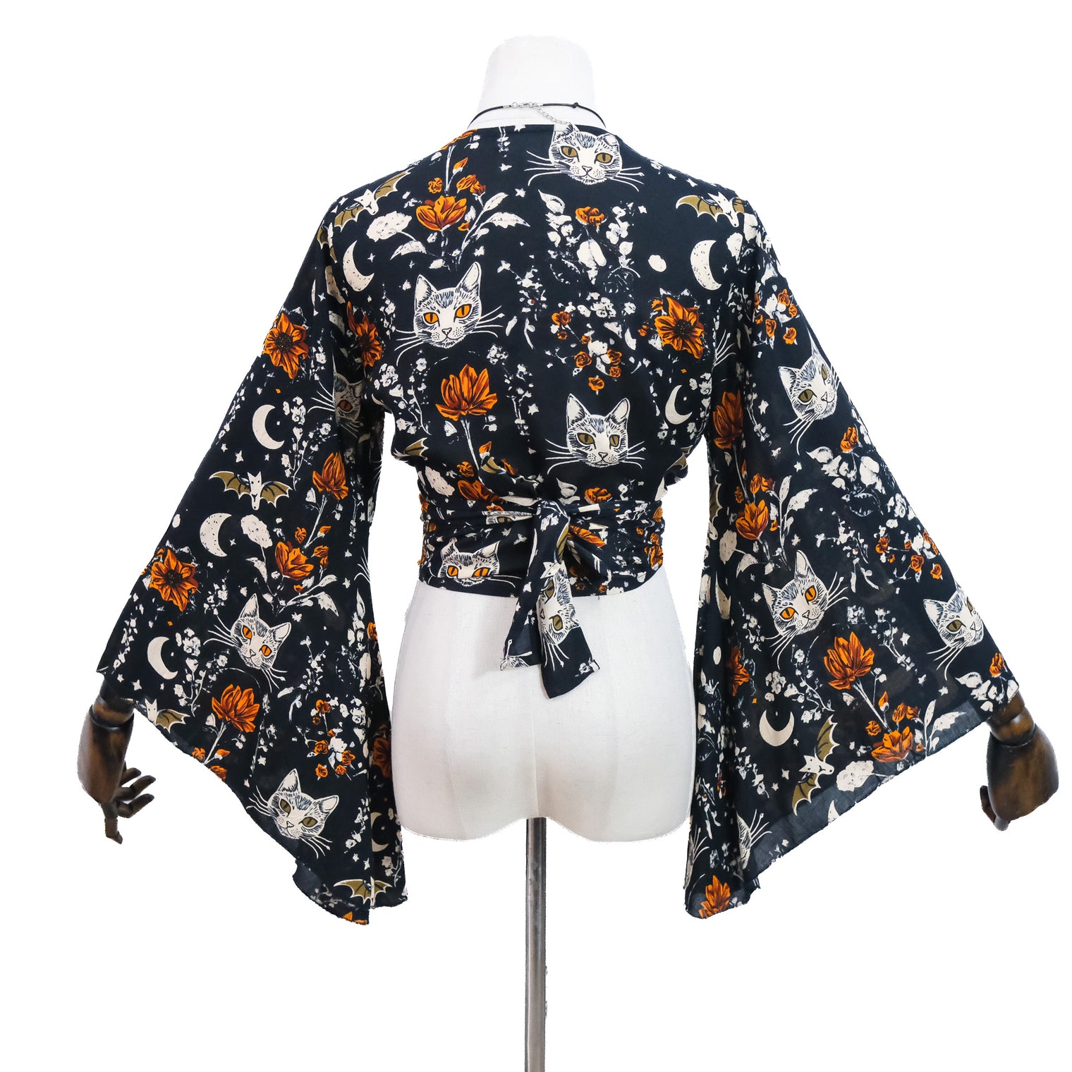 Mystical Cat Moon Bell Sleeve Wrap Top