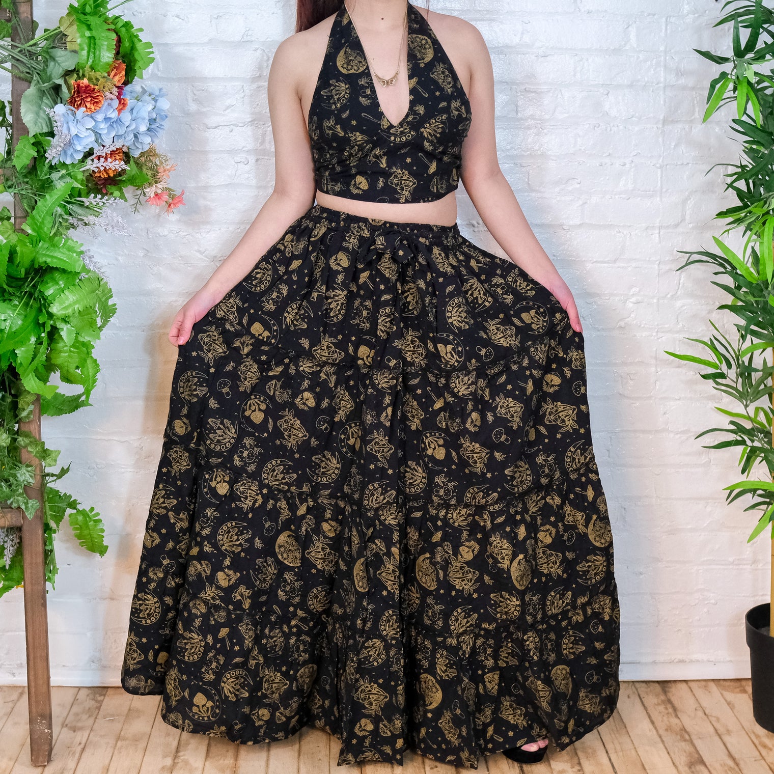 Flowy Tiered Mushroom Celestial Cotton Skirt Set