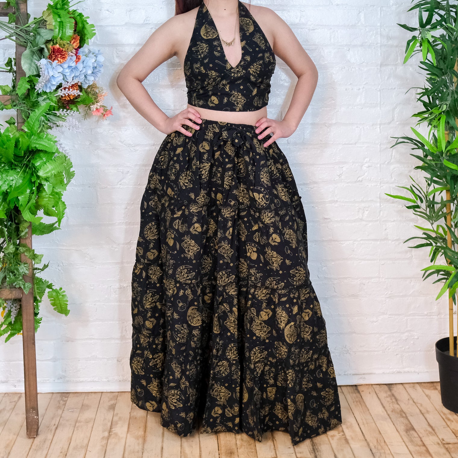 Flowy Tiered Mushroom Celestial Cotton Skirt Set