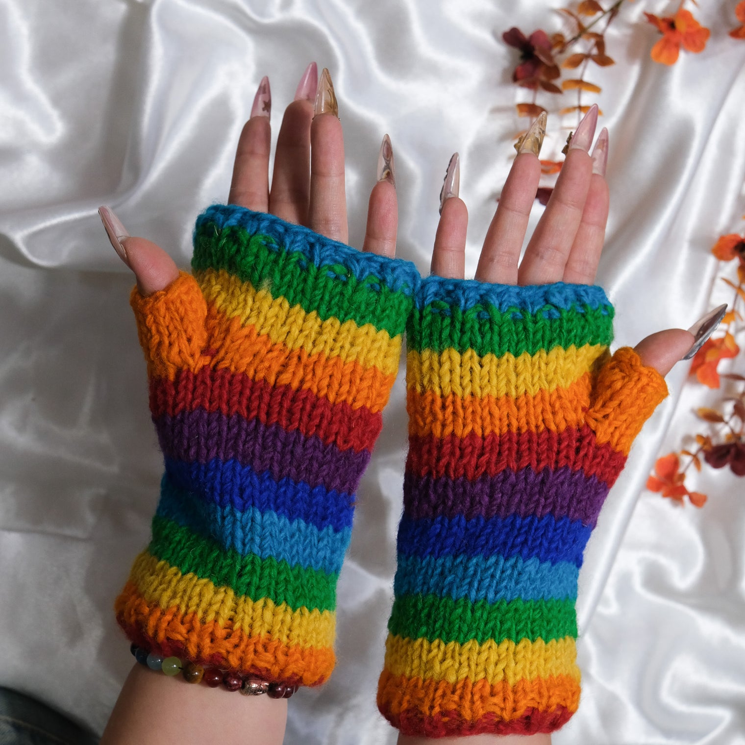 Hand Knitted Rainbow Fingerless Gloves