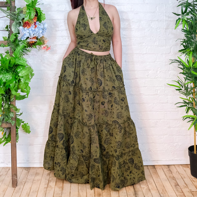 Flowy Tiered Mushroom Celestial Cotton Skirt Set