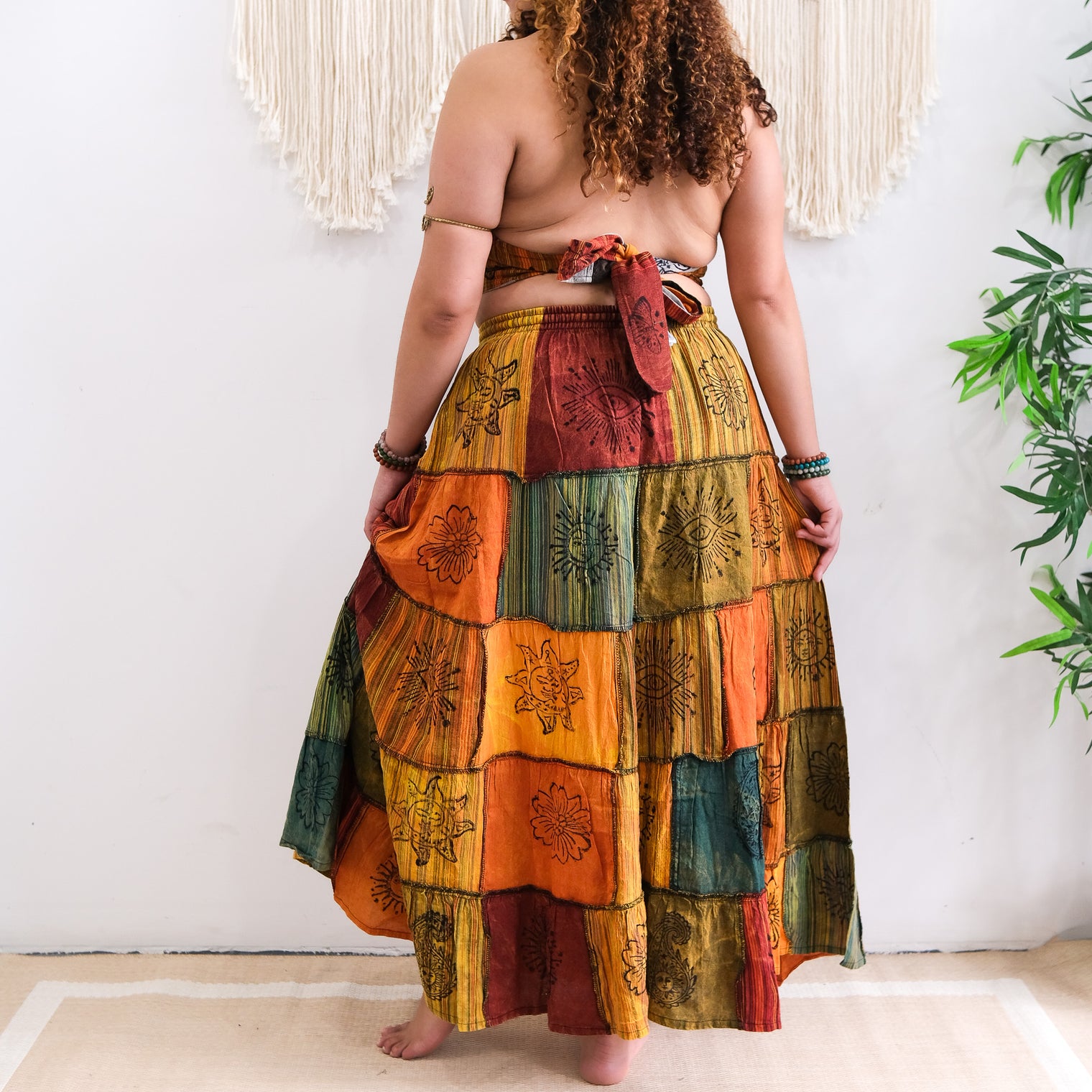 Patchwork Cotton Maxi Skirt with Pockets