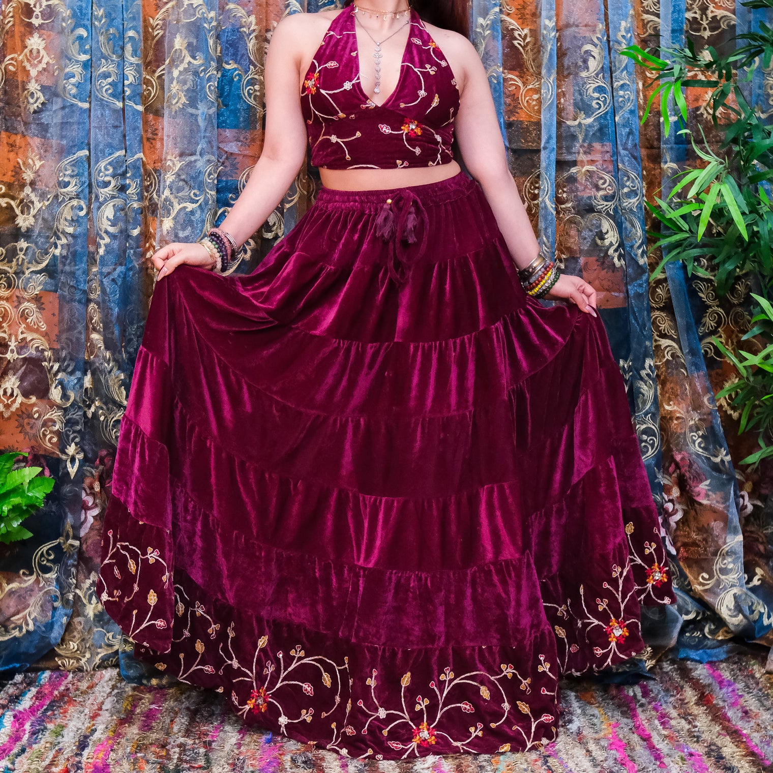 Velvet Boho Flowy Embroidery Skirt and Top