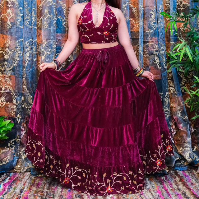 Velvet Boho Flowy Embroidery Skirt and Top