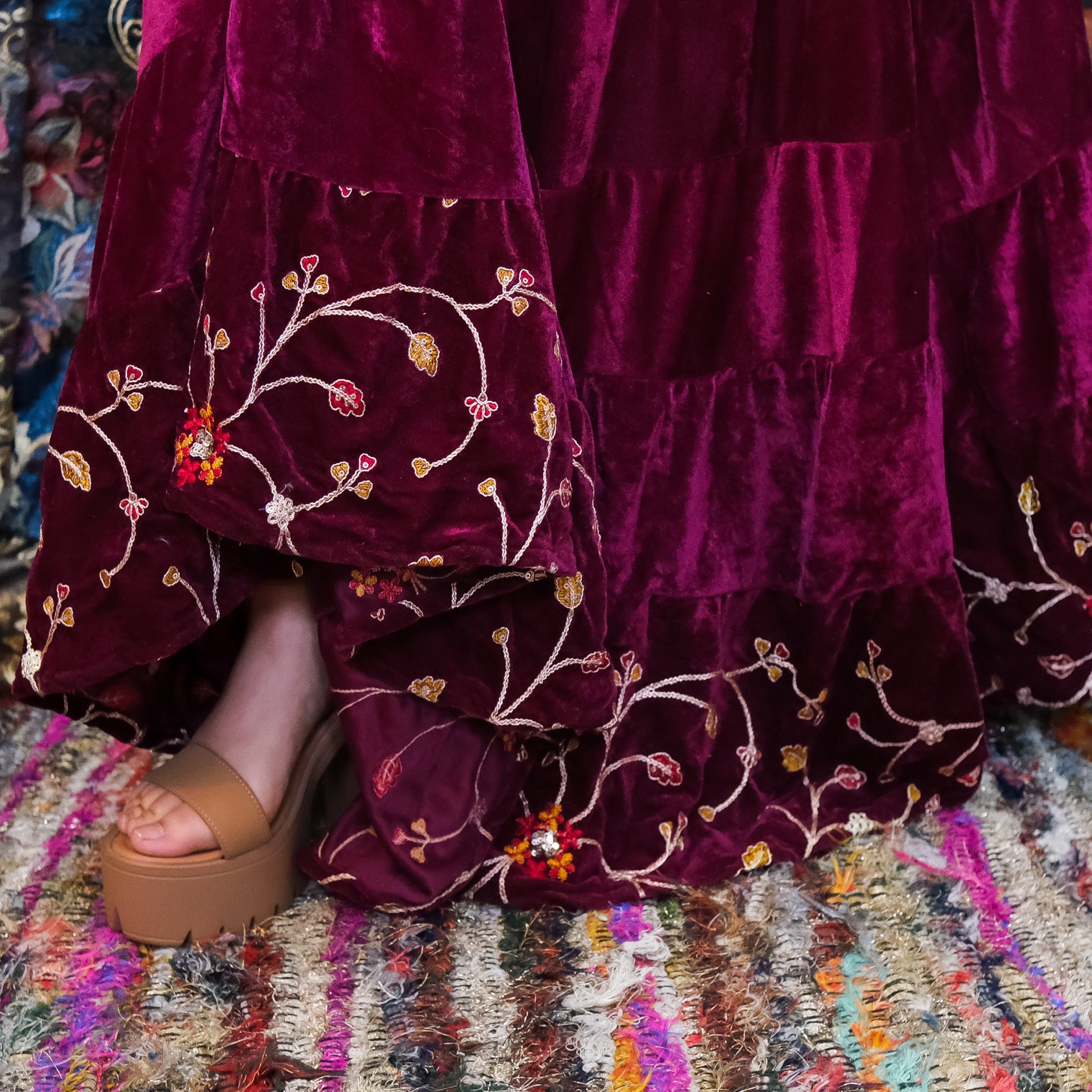 Velvet Boho Flowy Embroidery Skirt and Top