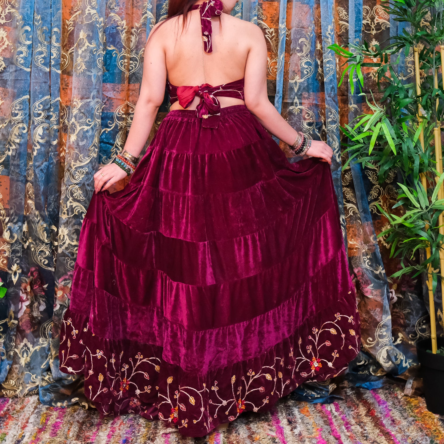 Velvet Boho Flowy Embroidery Skirt and Top