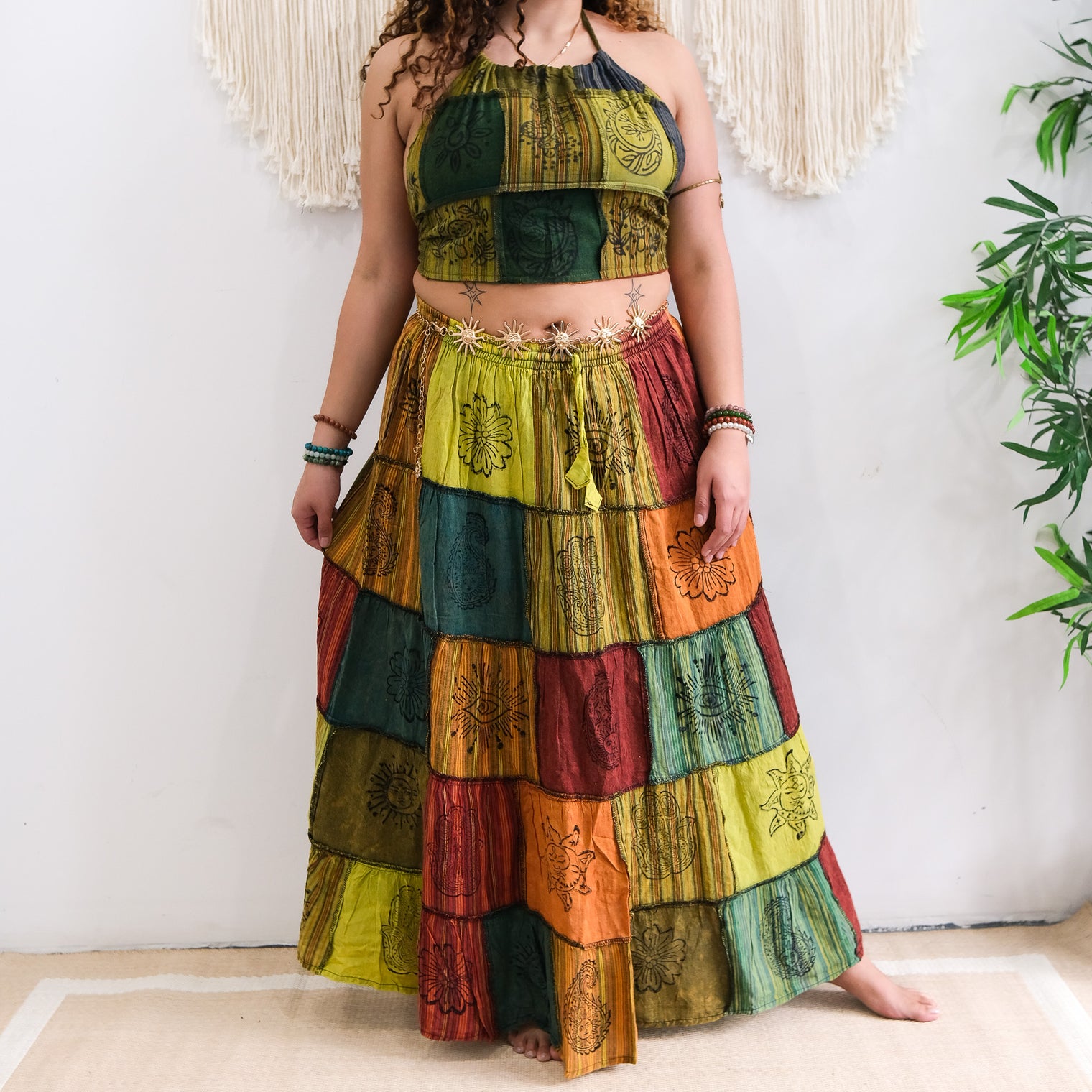 Patchwork Cotton Maxi Skirt with Pockets