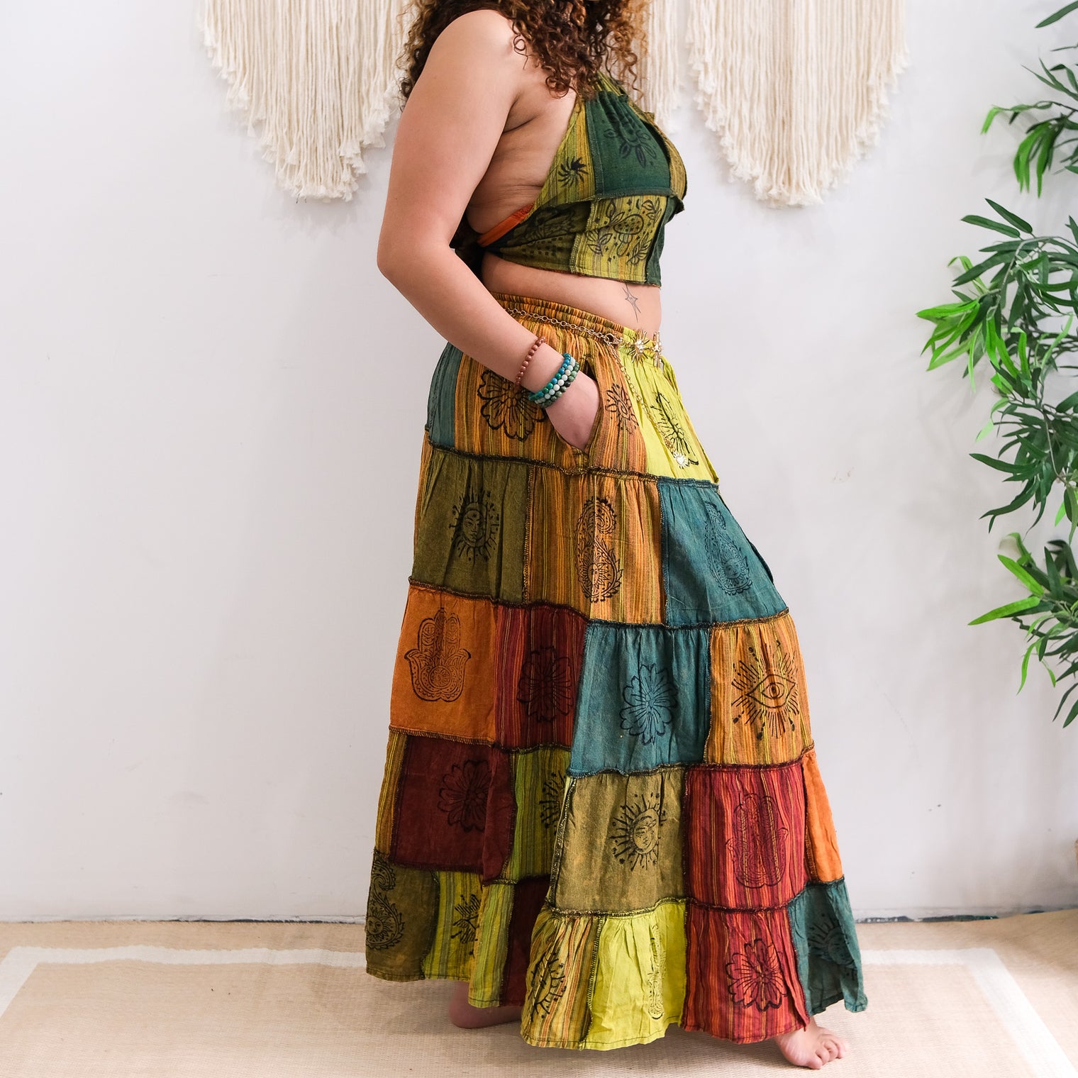 Patchwork Cotton Maxi Skirt with Pockets