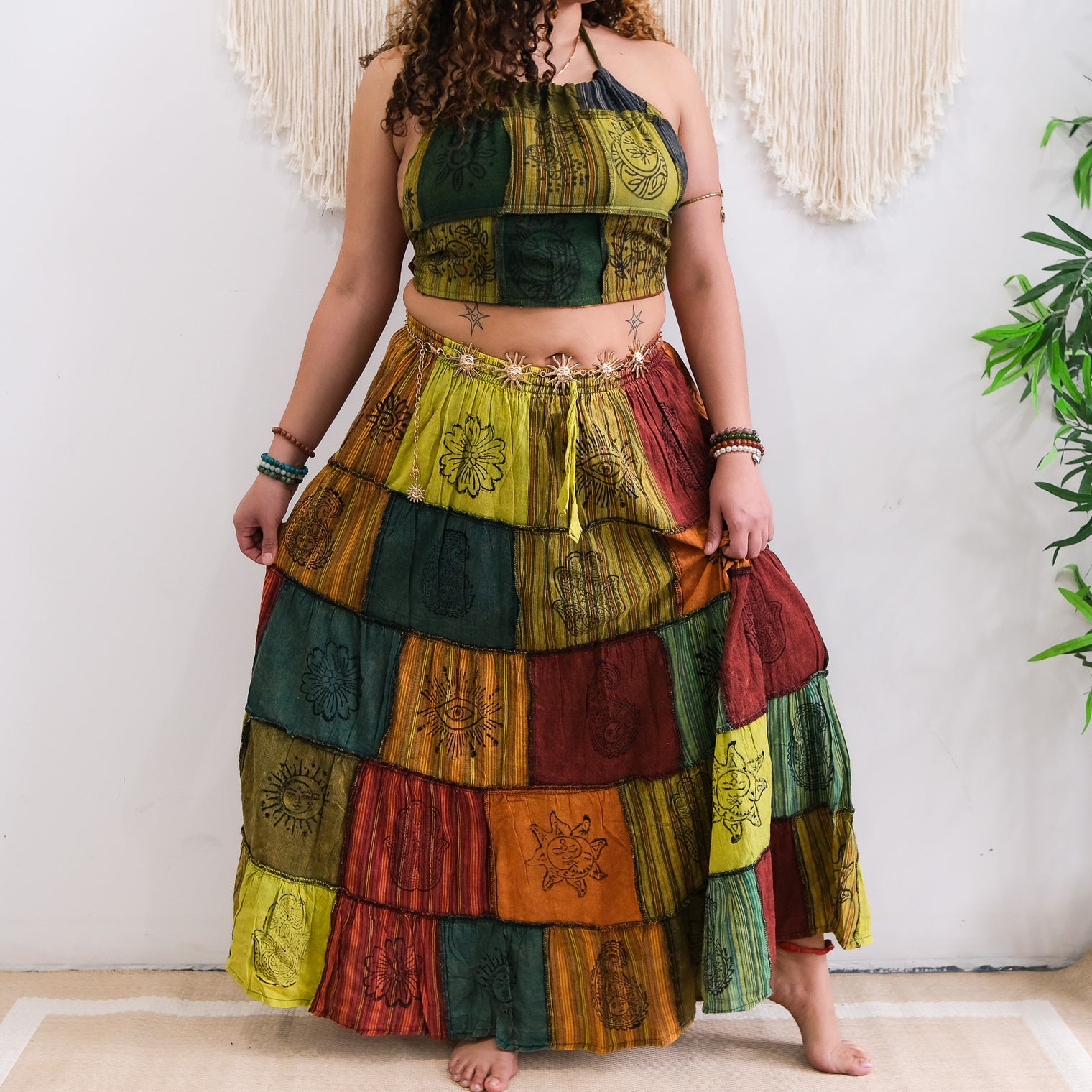 Patchwork Cotton Maxi Skirt with Pockets