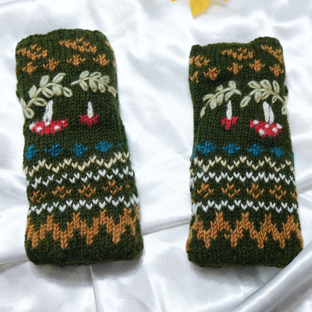 Mushroom Knitted Woolen Handwarmer with Fleece Lining