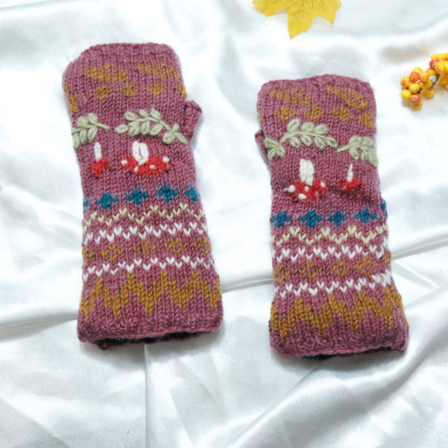 Mushroom Knitted Woolen Handwarmer with Fleece Lining