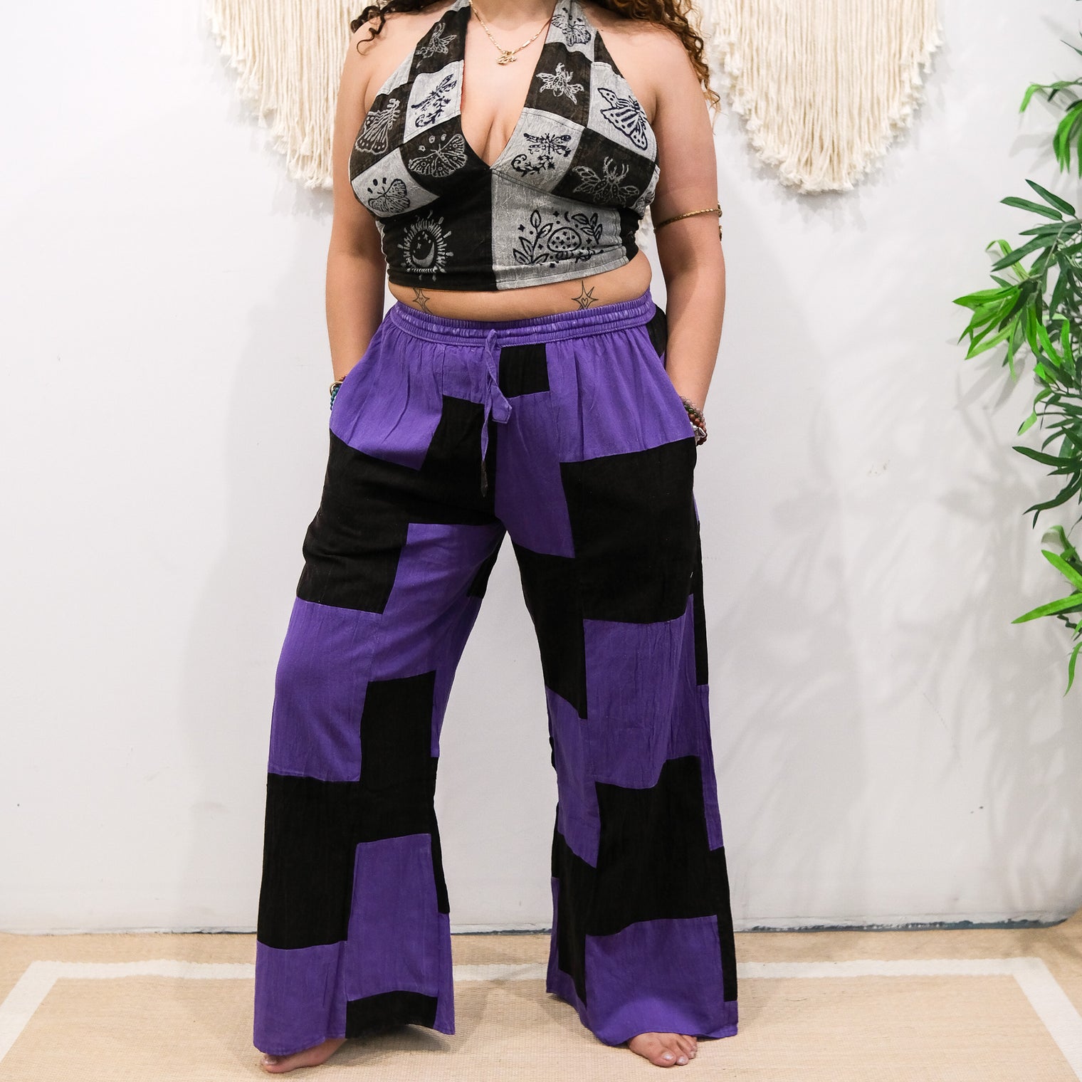 Patchwork Checkered Wide Leg Pants