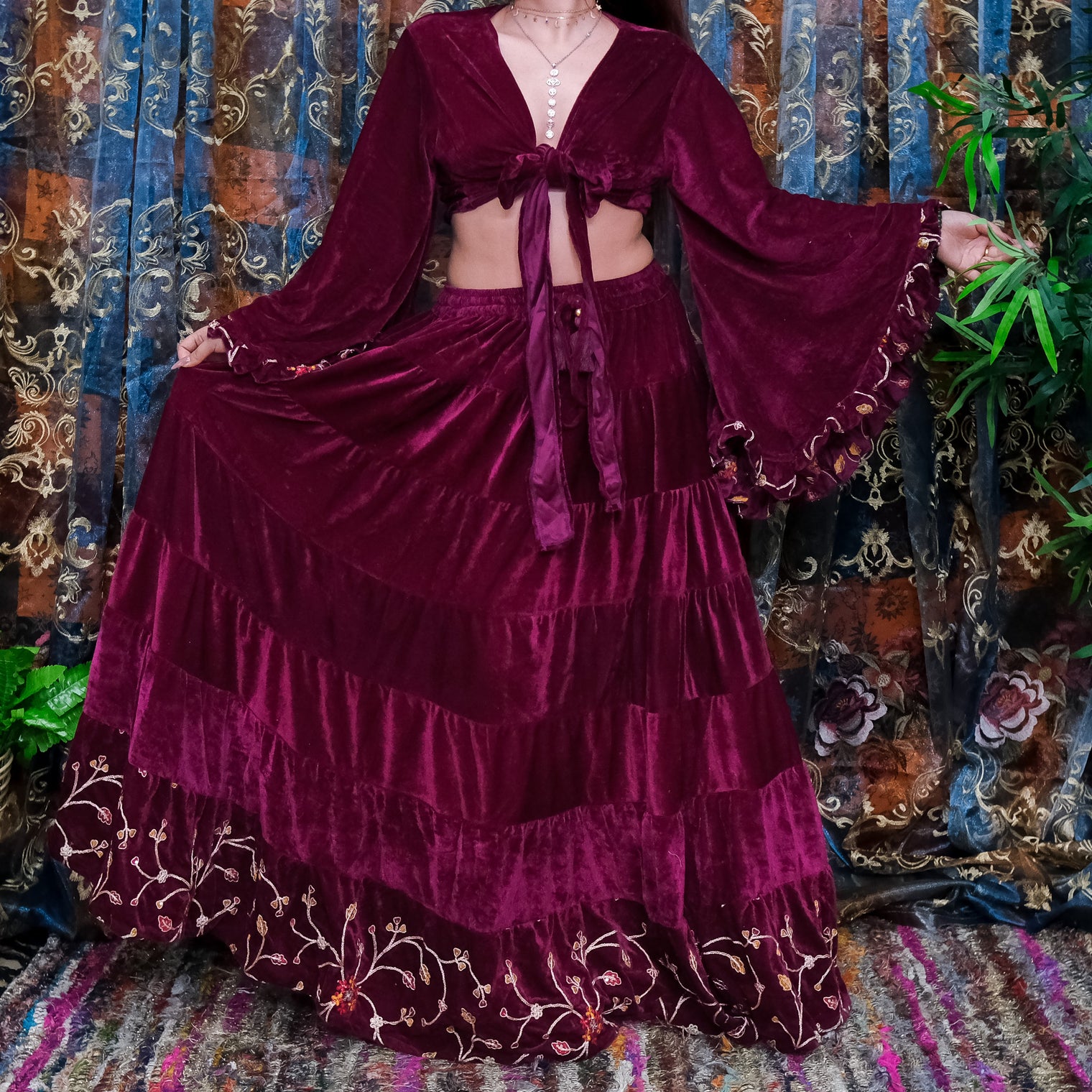 Flowy Velvet Embroidery Skirt with Ruffle Sleeve Top