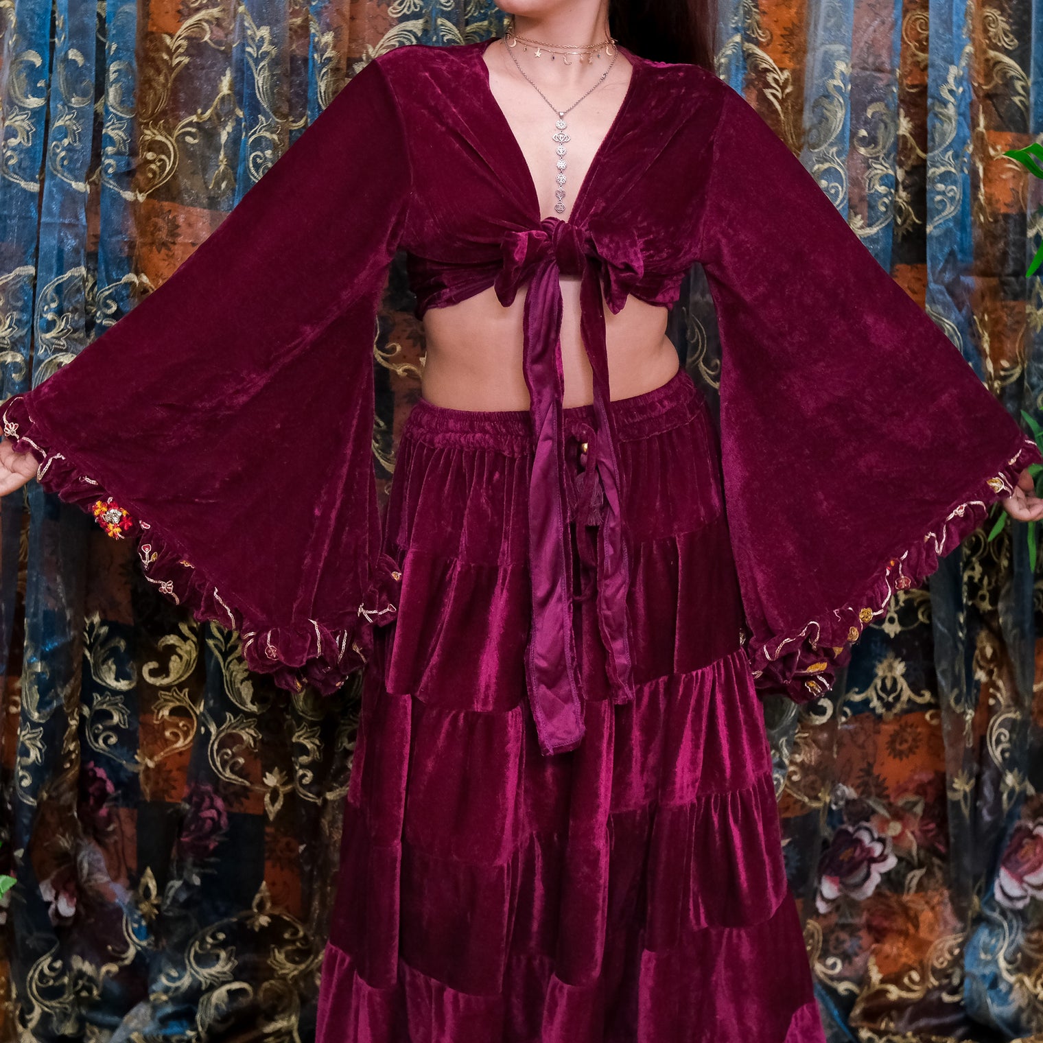 Velvet Hand Embroidery Wrap Top with Ruffle Sleeve