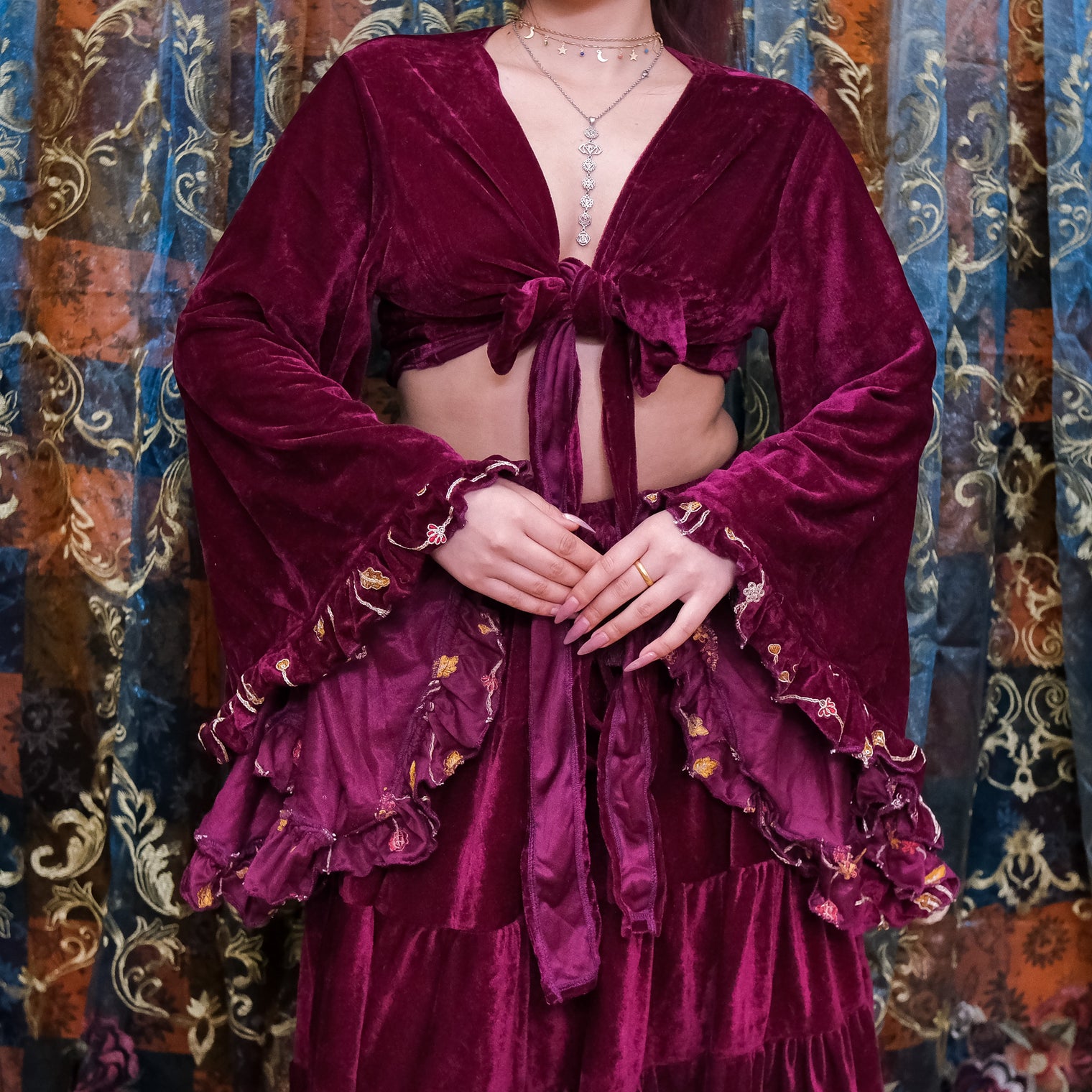 Flowy Velvet Embroidery Skirt with Ruffle Sleeve Top