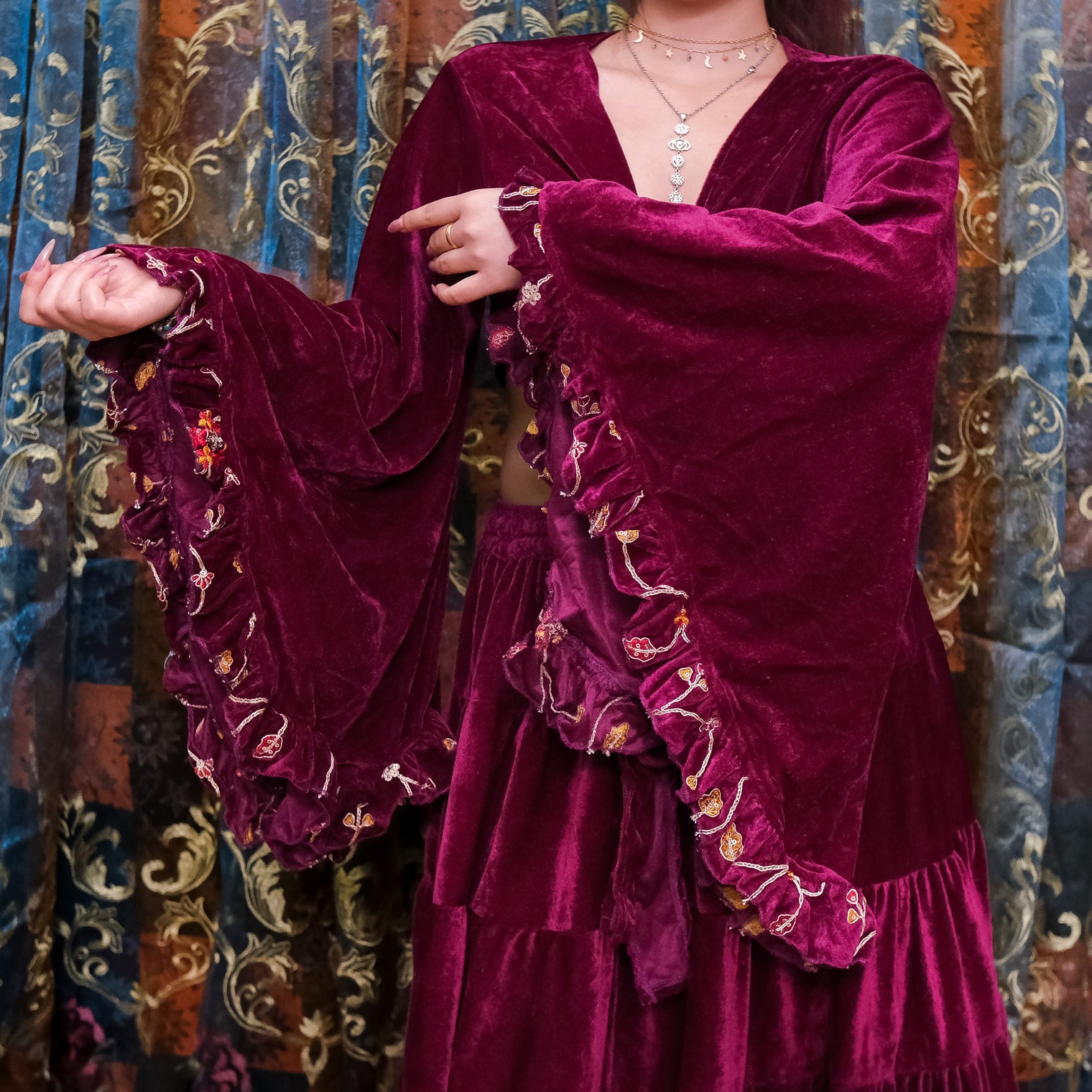 Velvet Hand Embroidery Wrap Top with Ruffle Sleeve