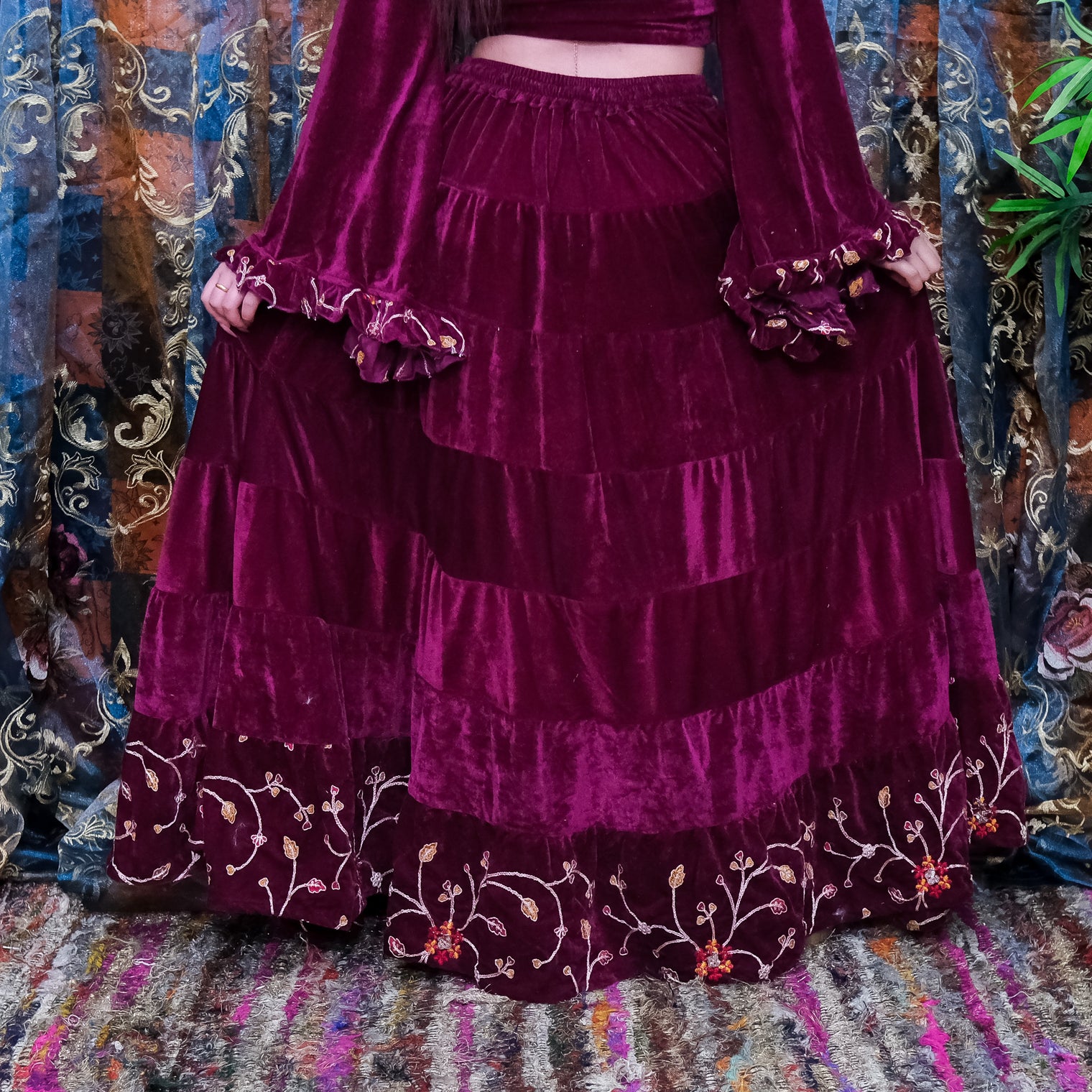 Flowy Velvet Embroidery Skirt with Ruffle Sleeve Top