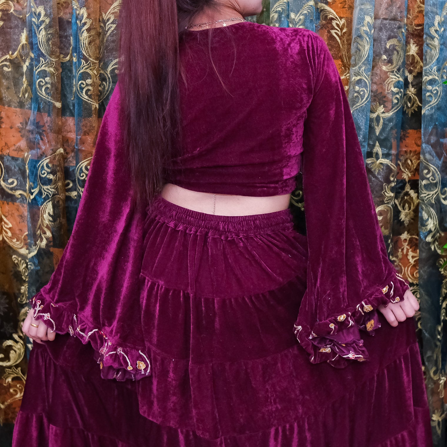 Velvet Hand Embroidery Wrap Top with Ruffle Sleeve