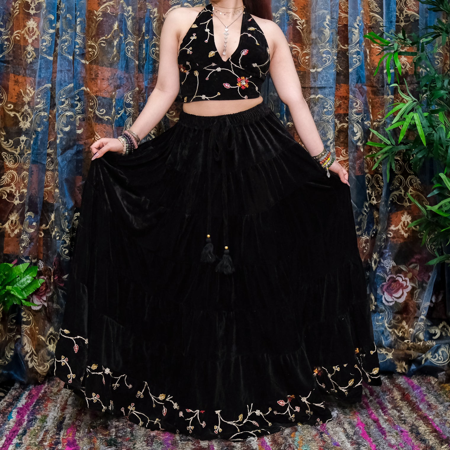 Velvet Boho Flowy Embroidery Skirt and Top