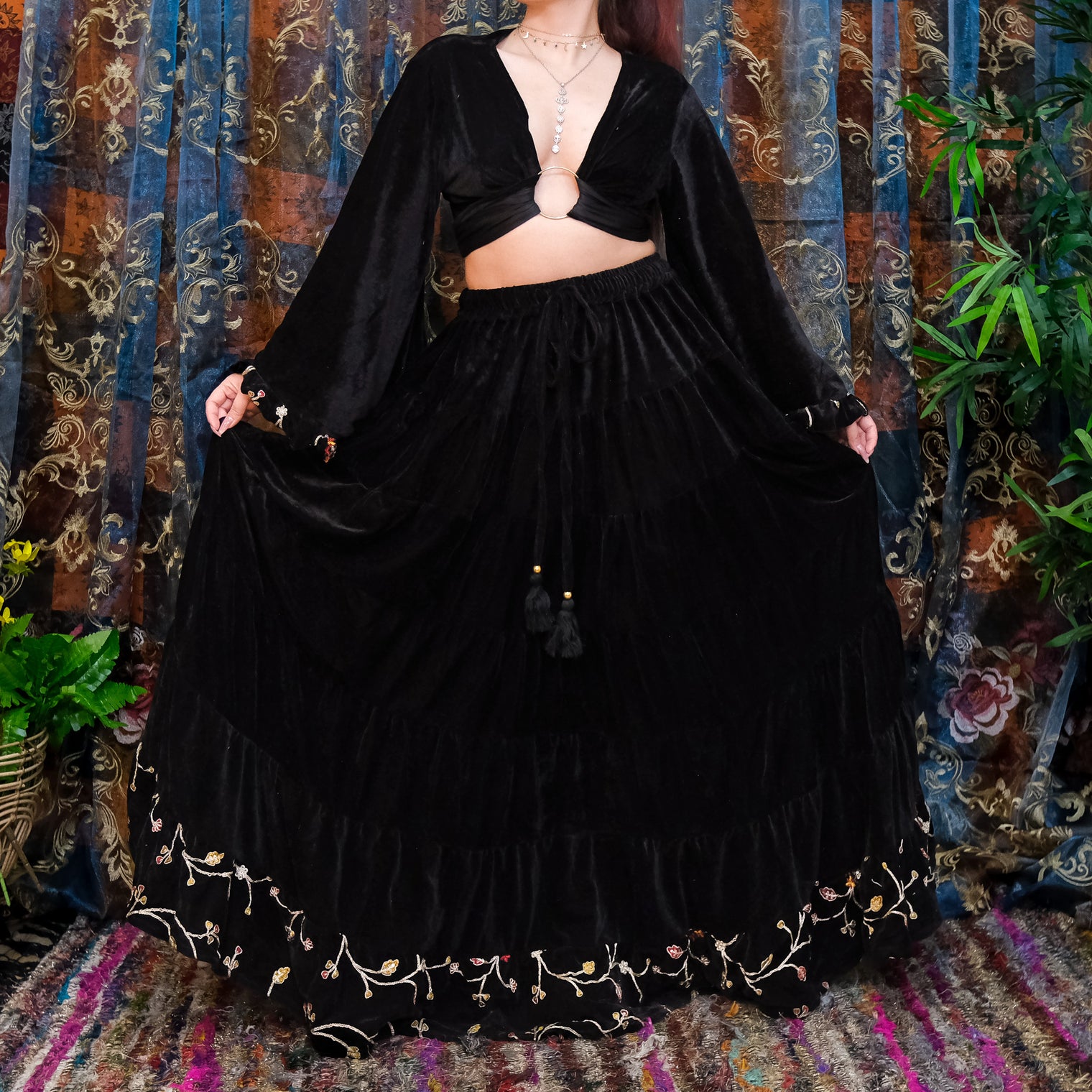 Flowy Velvet Embroidery Skirt with Ruffle Sleeve Top