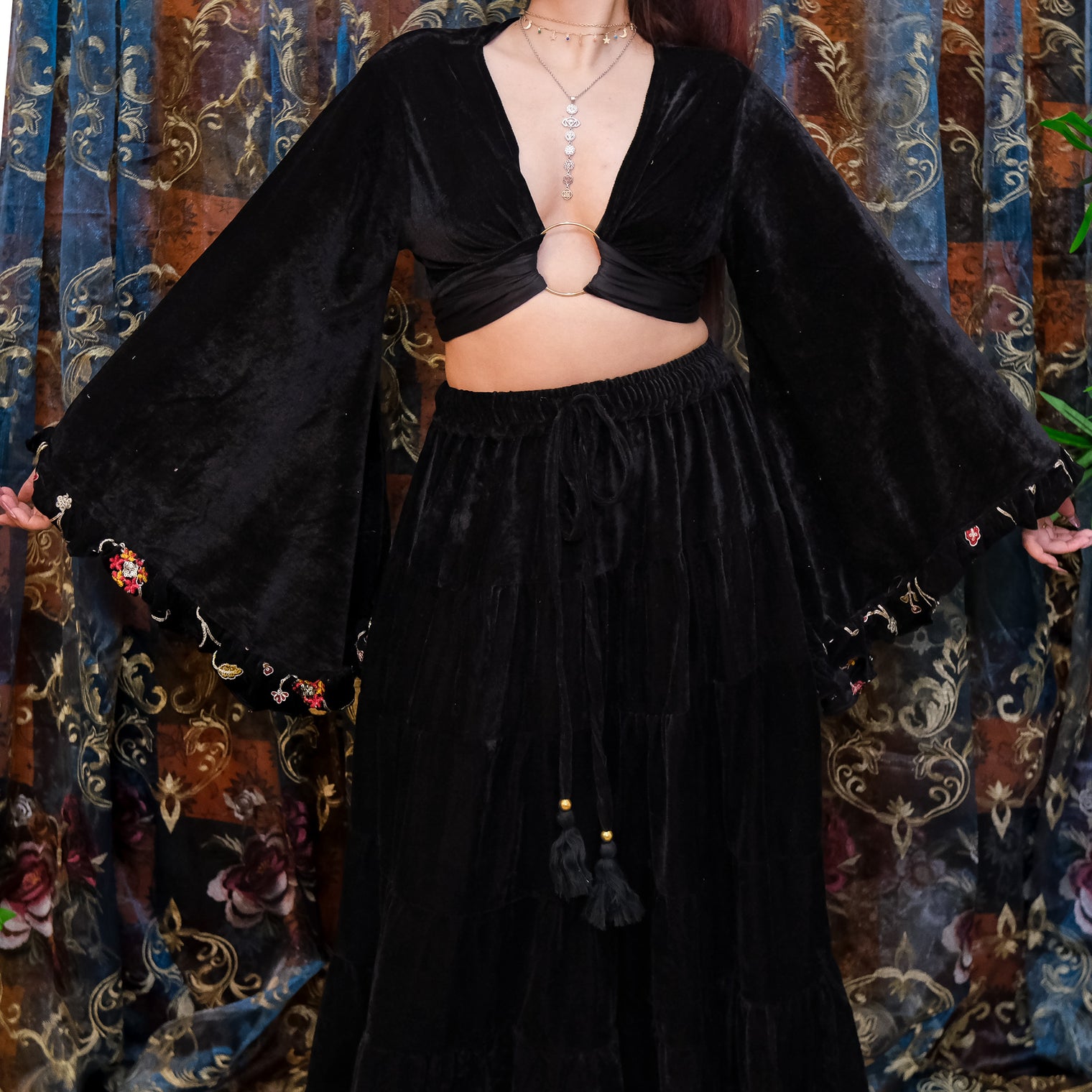 Velvet Hand Embroidery Wrap Top with Ruffle Sleeve