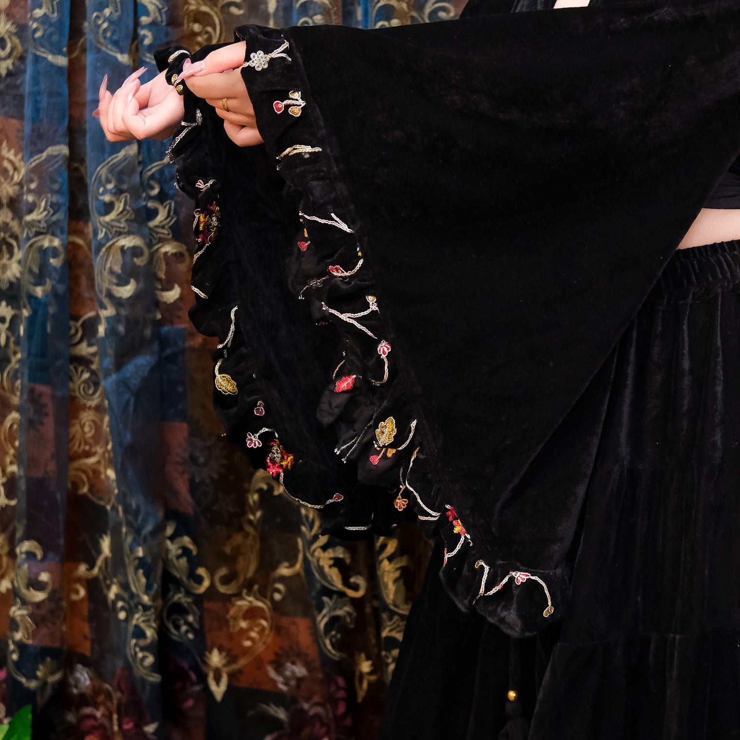 Velvet Hand Embroidery Wrap Top with Ruffle Sleeve